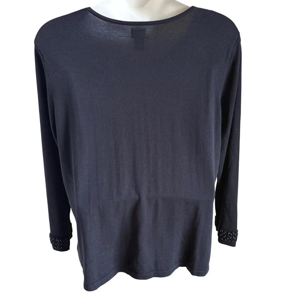 Quiet Luxury Black Beaded Neckline Cuff Long Sleeve Top Elegant‎ Minimalist 2X - Picture 5 of 6